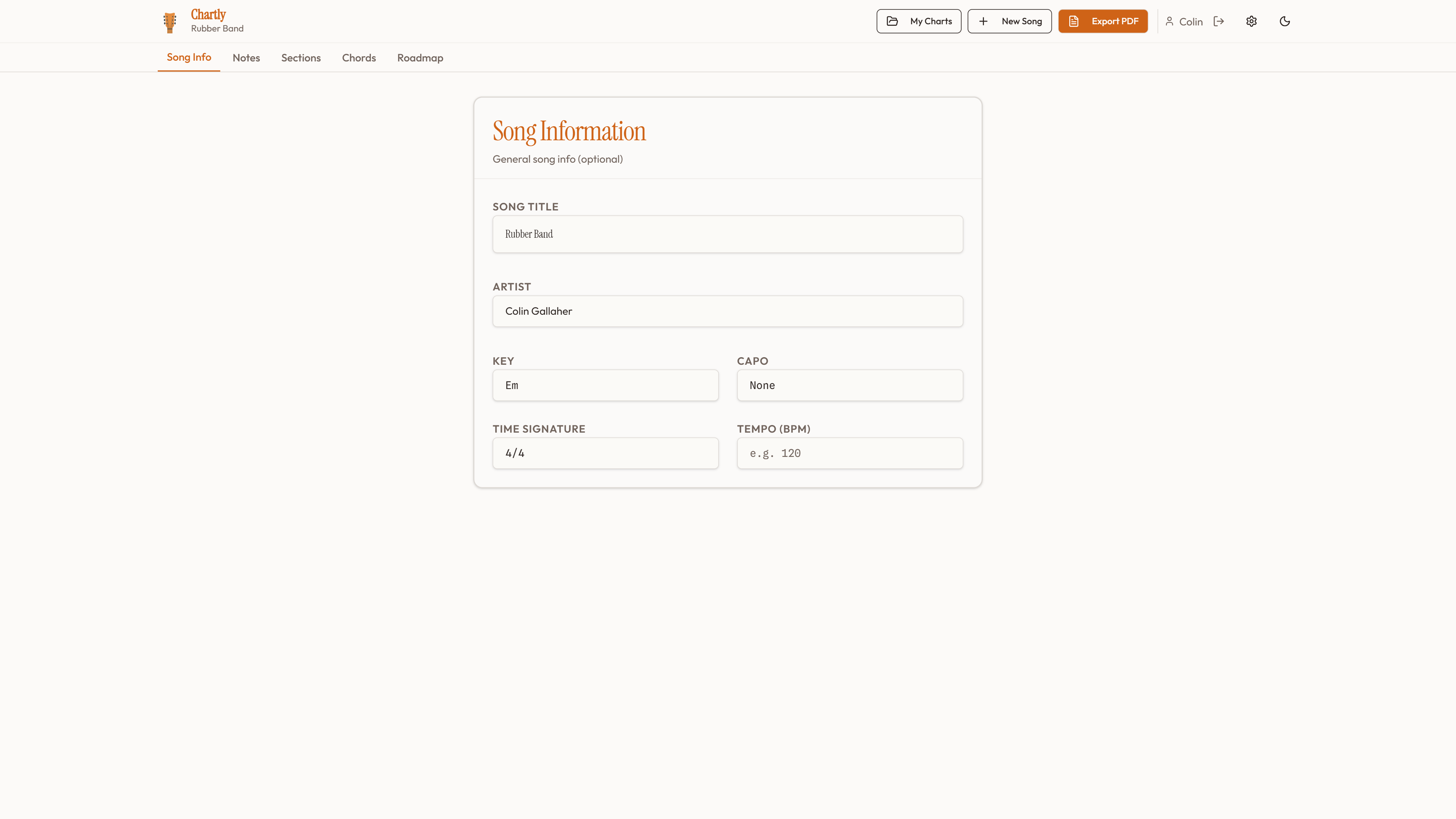 Screenshot of the Chartly chord chart editor showing a song with lyrics and chords