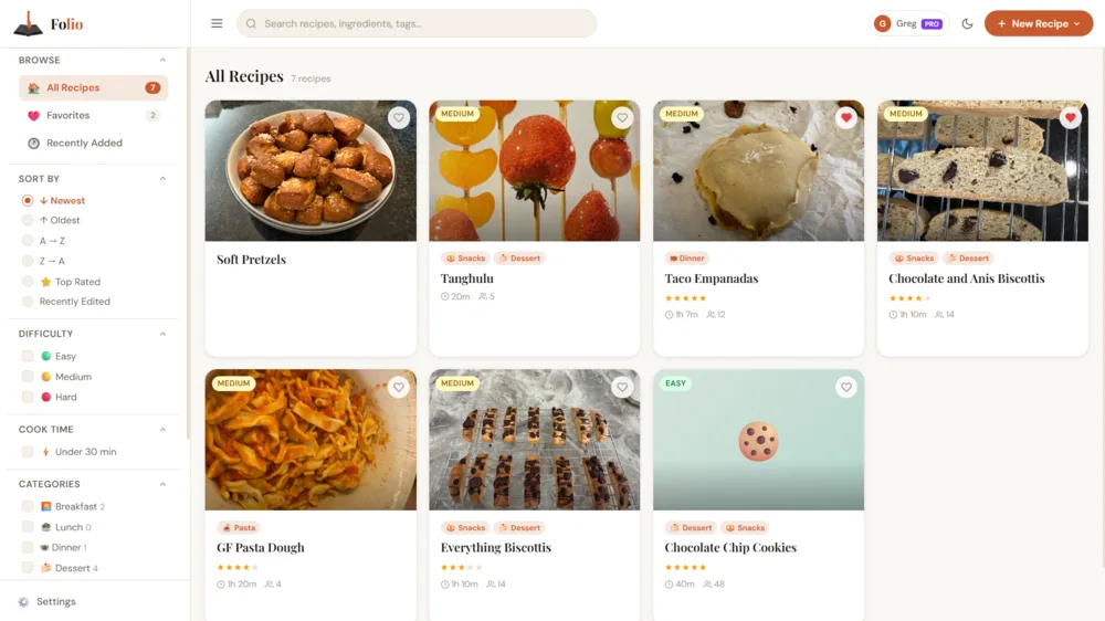 Folio recipe management app showing a recipe collection with filters and organized categories